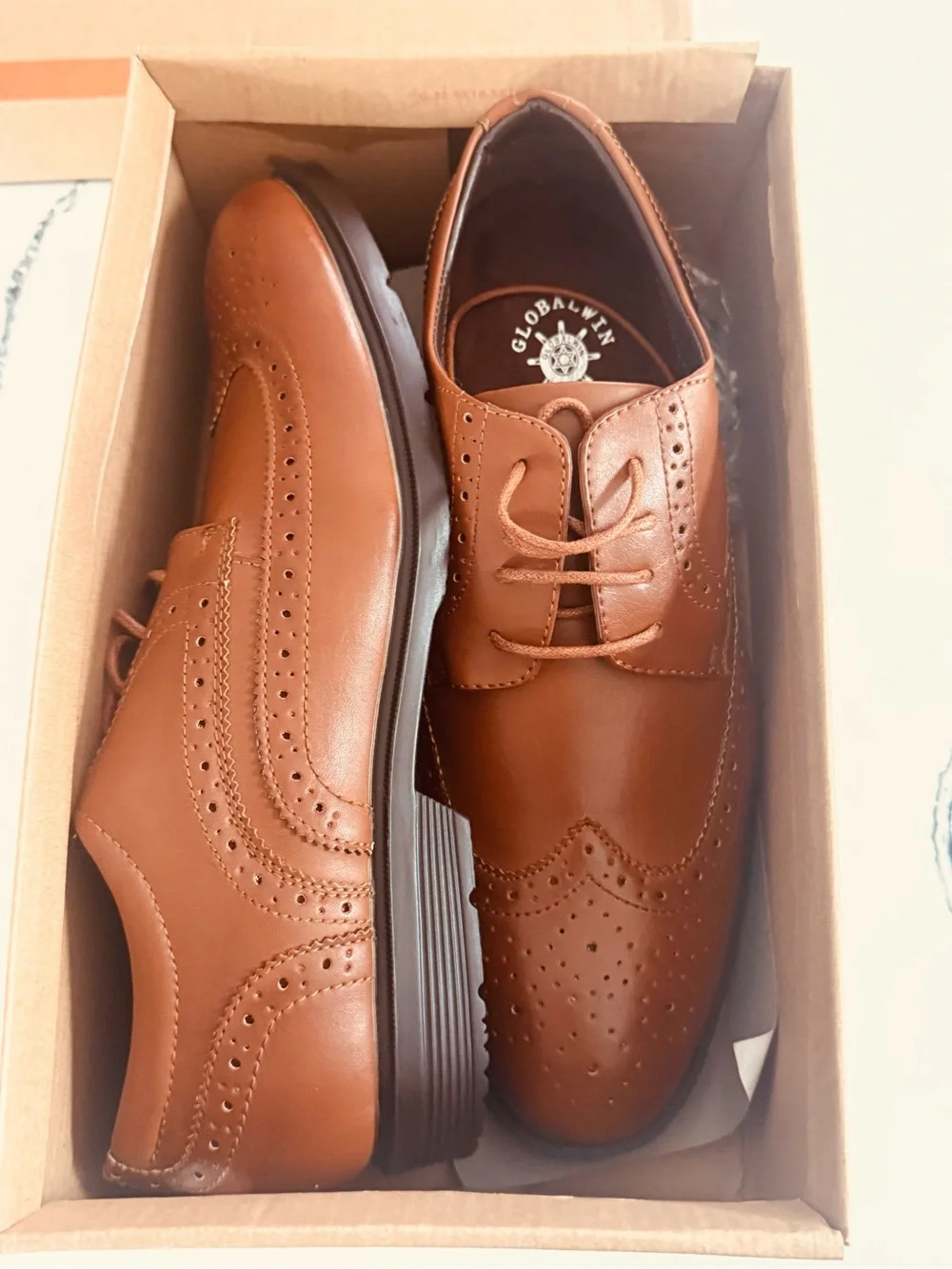 Global Win Tan Leather Brogue Derby Shoes